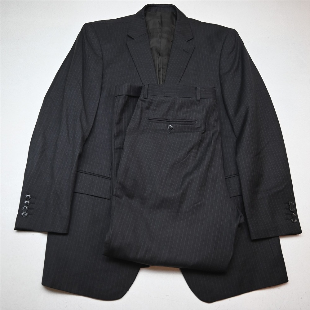 Vtg Y2K 2000s Boxy 42L 36x30 Gray Striped Superfine Wool Cashmere Mens Suit